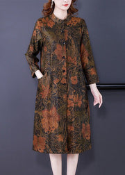 Boutique Orange Stand Collar Print Silk Trench Coats Fall