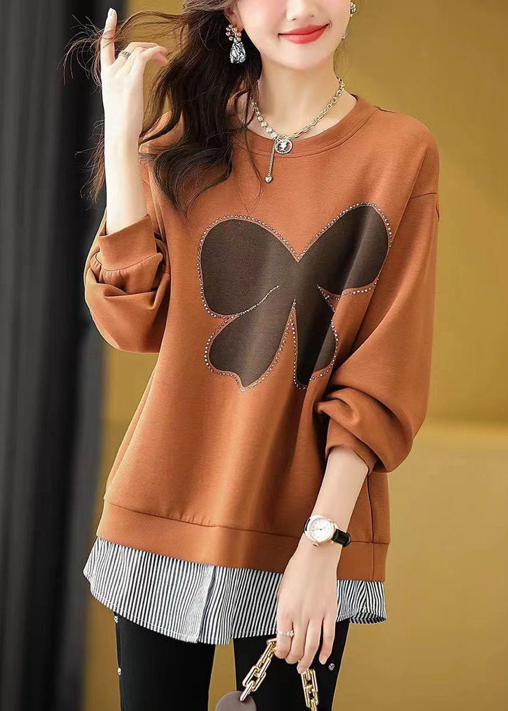 Boutique Orange Striped Patchwork Zircon Fake Two Pieces Sweatshirt Long Sleeve