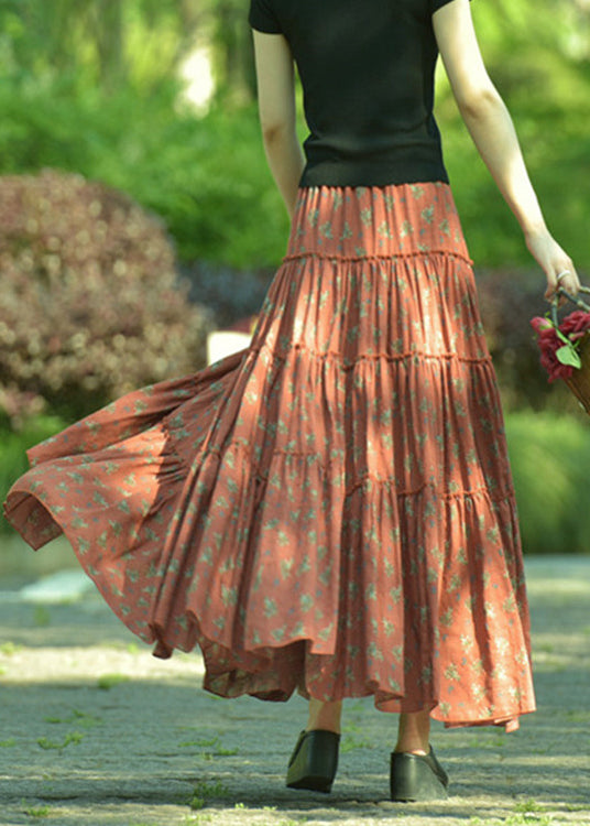 Boutique Orange Wrinkled Print Exra Large Hem Cotton Skirts Spring