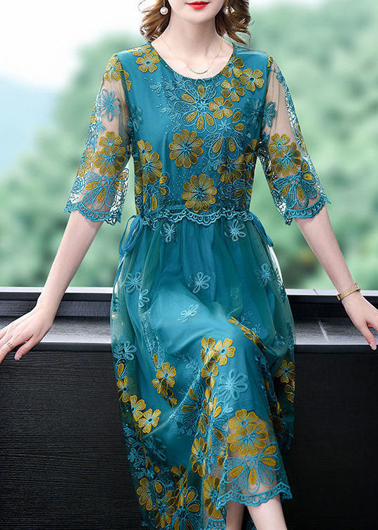 Boutique Peacock Blue Embroideried Slim Fit Tulle Dress Half Sleeve