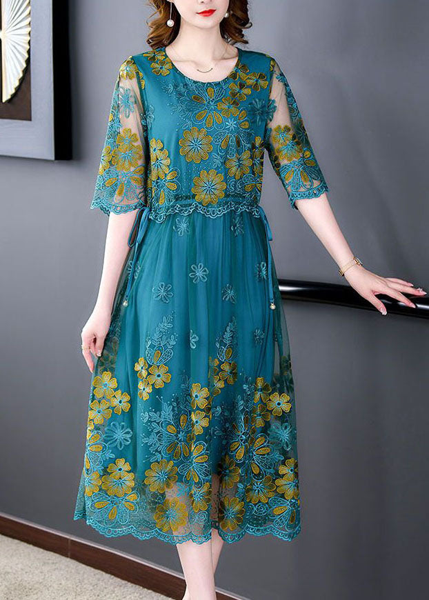 Boutique Peacock Blue Embroideried Slim Fit Tulle Dress Half Sleeve