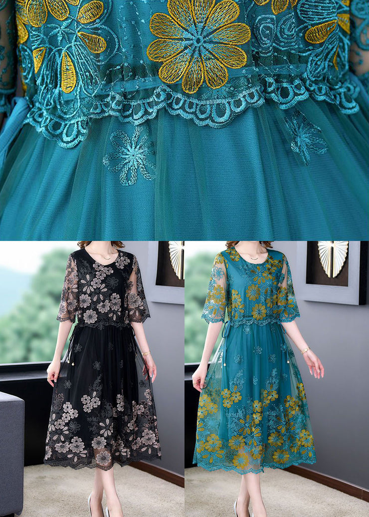 Boutique Peacock Blue Embroideried Slim Fit Tulle Dress Half Sleeve