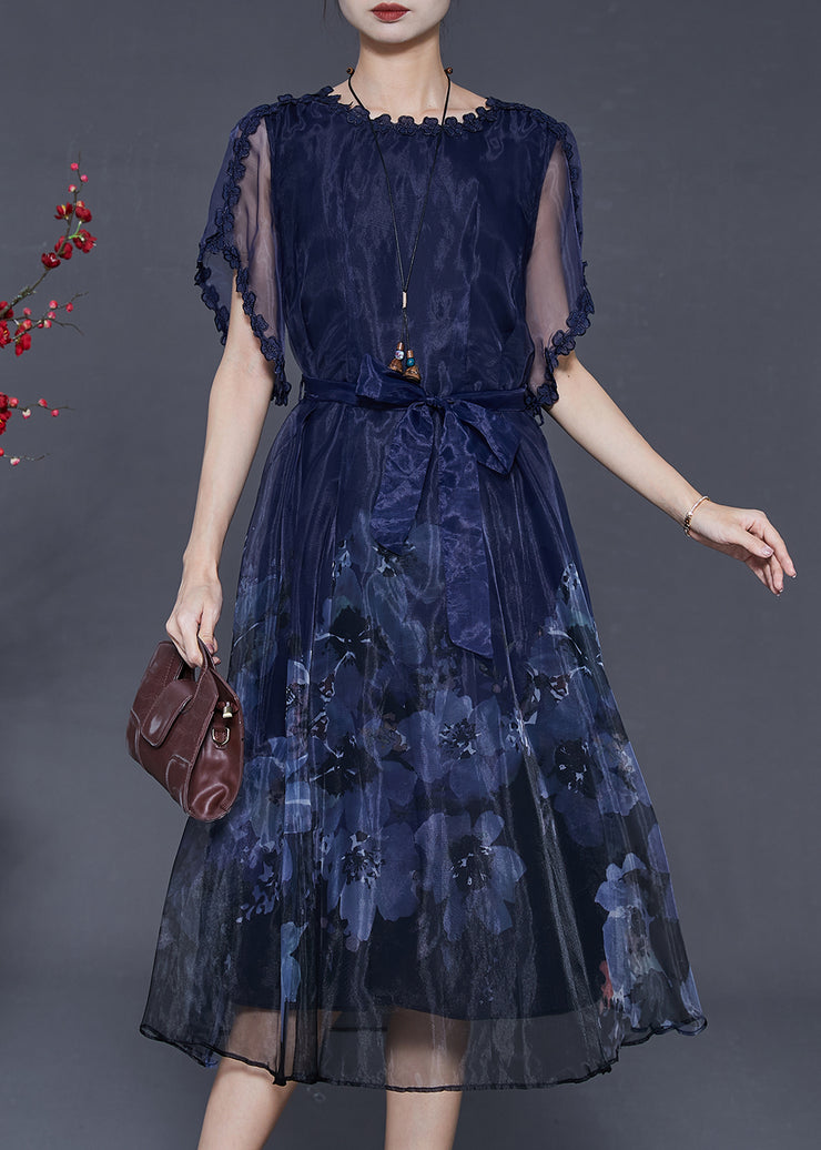 Boutique Peacock Blue Print Hollow Out Silk Dresses Summer