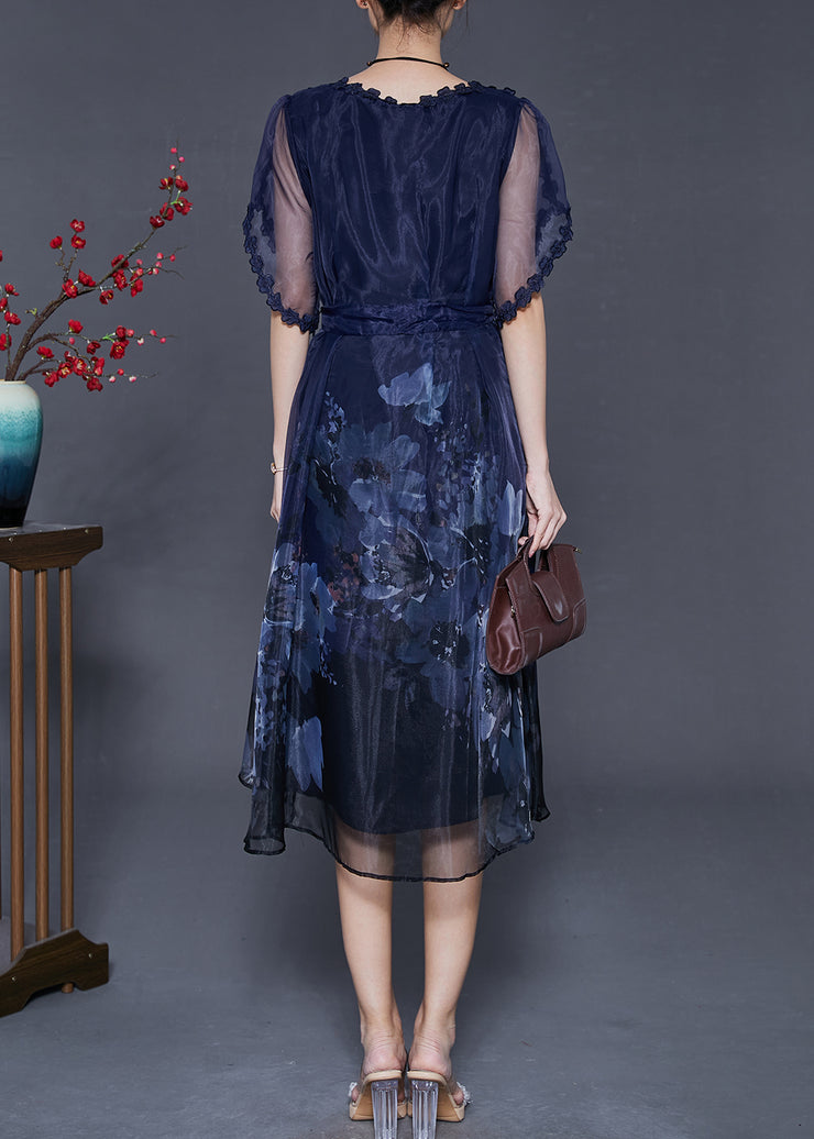 Boutique Peacock Blue Print Hollow Out Silk Dresses Summer