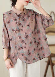 Boutique Pink Asymmetrical Print Linen Top Summer