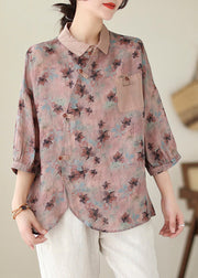 Boutique Pink Asymmetrical Print Linen Top Summer