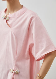 Boutique Pink Chinese Button Cotton Shirt Tops Summer