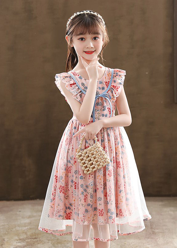 Boutique Pink Cinched Print Tulle Kids Girls Robe Dresses Summer