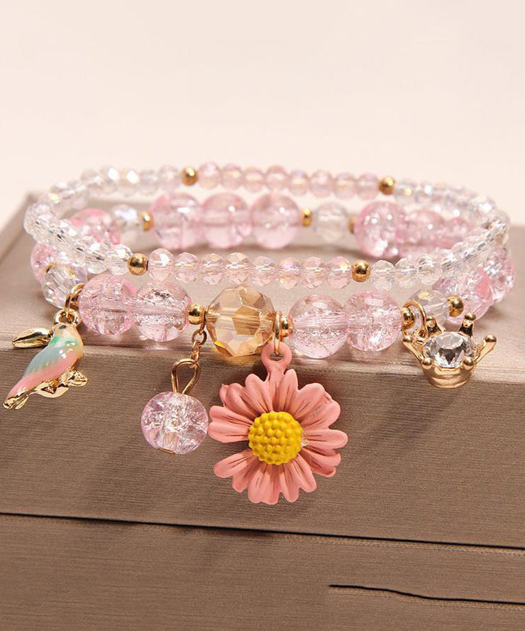 Boutique Pink Crystal Floral Little Bird Charm Bracelet