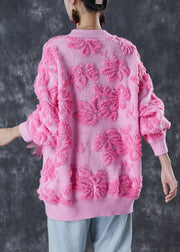 Boutique Pink Jacquard Chunky Knit Sweater Tops Winter