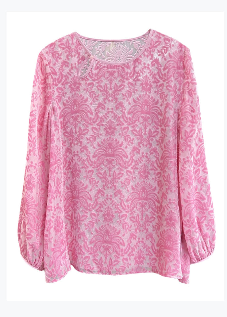 Boutique Pink O Neck Jacquard Silk Velour Blouse Top Spring