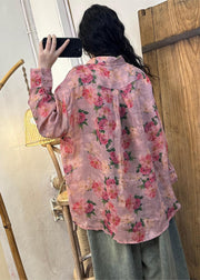 Boutique Pink Peter Pan Collar Print Linen Shirt Fall