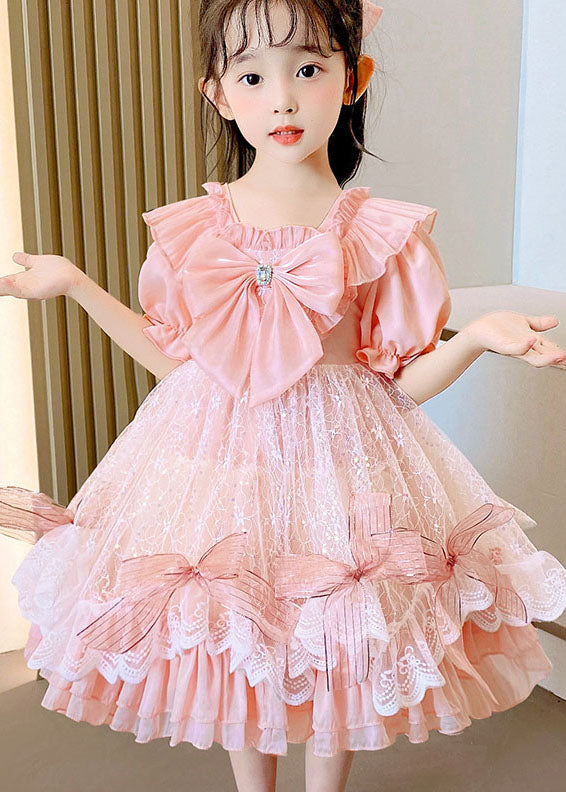 Boutique Pink Ruffled Bow Patchwork Tulle Kids Girls Dress Summer