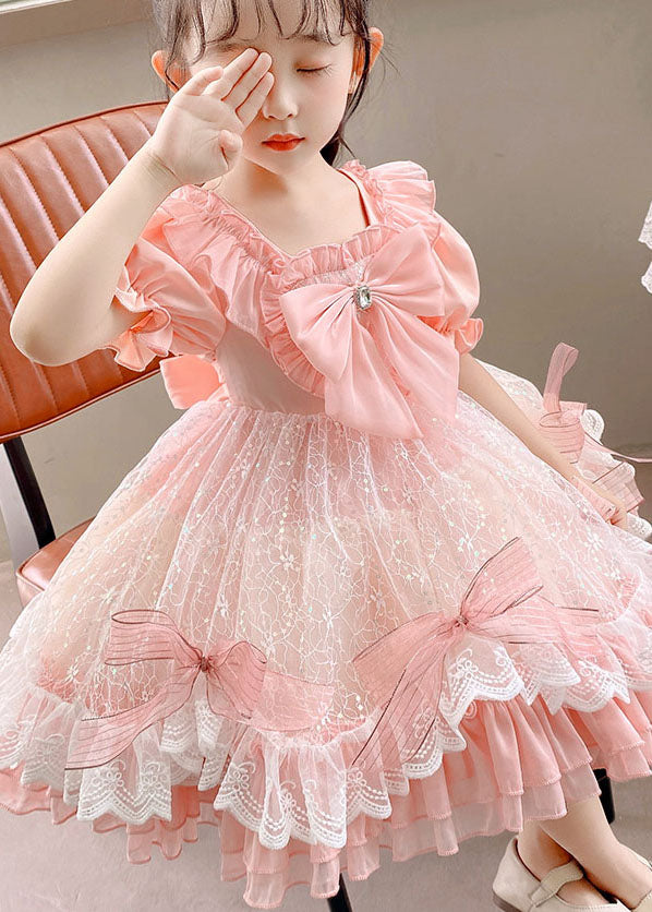 Boutique Pink Ruffled Bow Patchwork Tulle Kids Girls Dress Summer