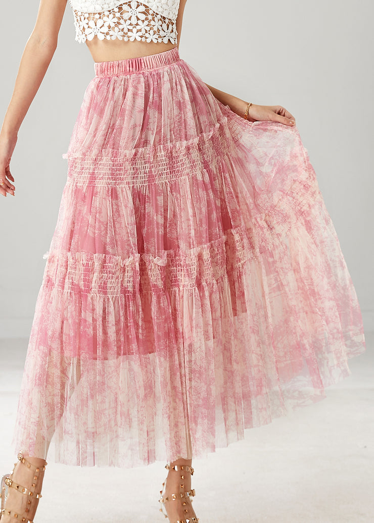 Boutique Pink Ruffled Print Chiffon Vacation Skirt Spring