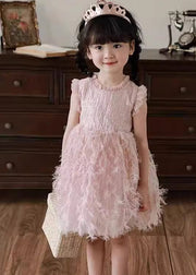 Boutique Pink Ruffled Tulle Patchwork Kids Holiday Feather Mid Dress Sleeveless