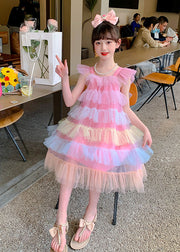 Boutique Pink Square Collar Layered Ruffled Tulle Kids Girls Beach Dresses Summer