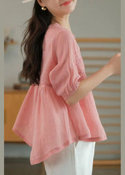 Boutique Pink V Neck Embroideried Linen Shirts Half Sleeve