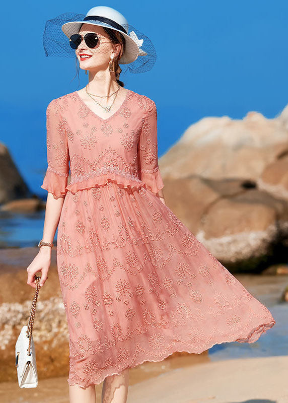 Boutique Pink V Neck Embroideried Ruffles Silk Long Dress Half Sleeve