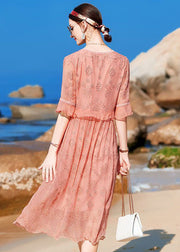 Boutique Pink V Neck Embroideried Ruffles Silk Long Dress Half Sleeve