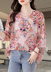 Boutique Pink V Neck Print Button Chiffon Shirt Fall