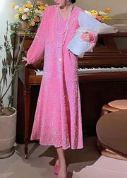 Boutique Pink V Neck Sequins Patchwork Velour Dresses Puff Sleeve