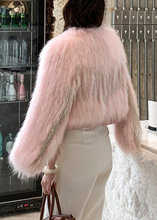 Boutique Pink V Neck Tassel Sheepskin Patchwork Leather And Fur Coats Winter