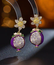 Boutique Purple Copper Zircon Drip Glaze Pomegranate Flower Drop Earrings