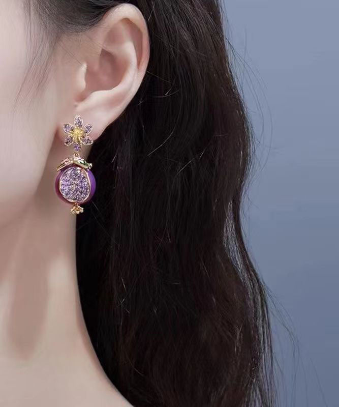 Boutique Purple Copper Zircon Drip Glaze Pomegranate Flower Drop Earrings