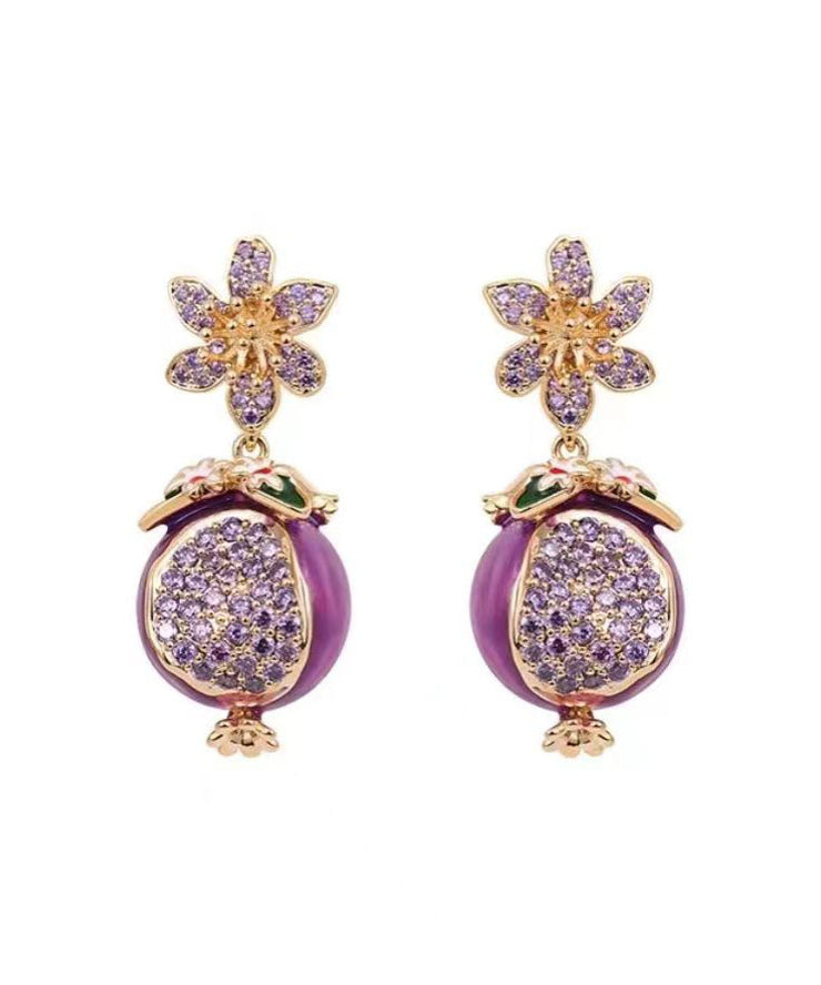 Boutique Purple Copper Zircon Drip Glaze Pomegranate Flower Drop Earrings