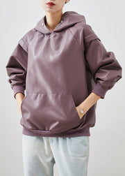 Boutique Purple Hooded Faux Leather Sweatshirts Top Fall