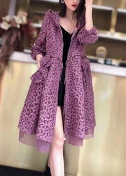 Boutique Purple Hooded Pockets Drawstring Patchwork Lace Trench Fall