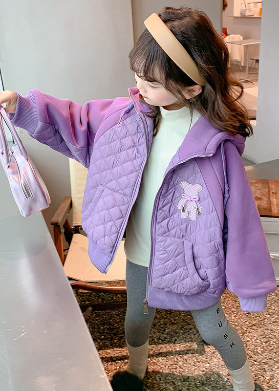 Boutique Purple Hooded Pockets Fine Cotton Filled Kids Girls Coat Winter