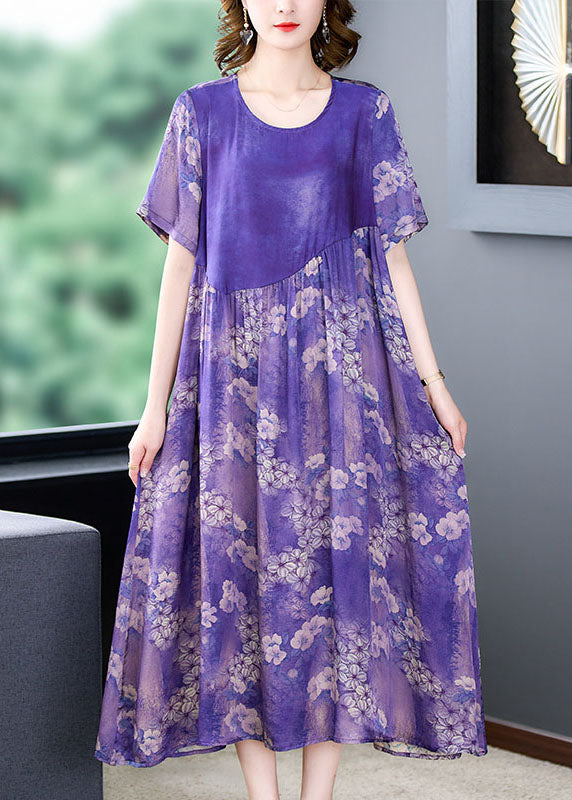 Boutique Purple O Neck Print Wrinkled Patchwork Silk Dress Summer