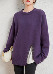 Boutique Purple O Neck Thick Asymmetrical Woolen Sweaters Winter