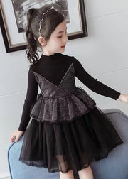 Boutique Purple O Neck Tulle Patchwork Knit Baby Girls Dress Fall