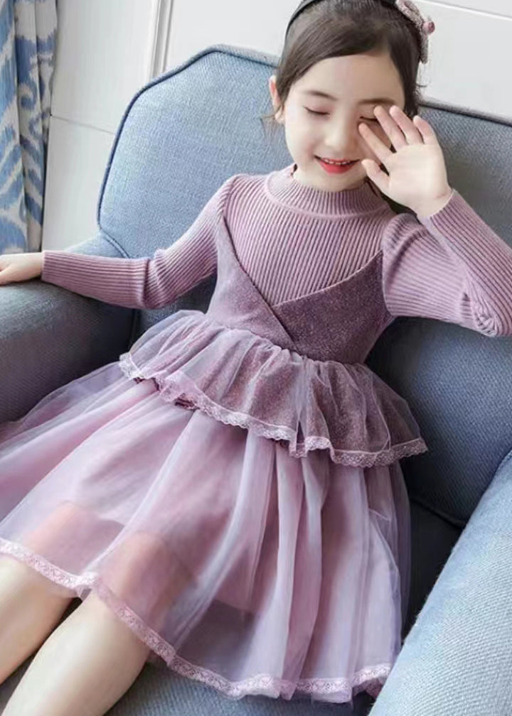 Boutique Purple O Neck Tulle Patchwork Knit Baby Girls Dress Fall