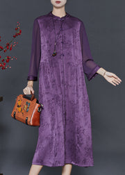 Boutique Purple Print Chinese Button Silk Dresses Summer