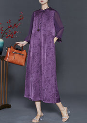 Boutique Purple Print Chinese Button Silk Dresses Summer