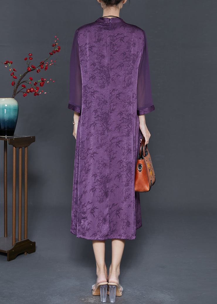 Boutique Purple Print Chinese Button Silk Dresses Summer