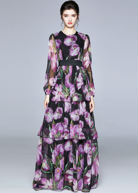 Boutique Purple Print O-Neck Layered Design Chiffon Long Dresses Fall