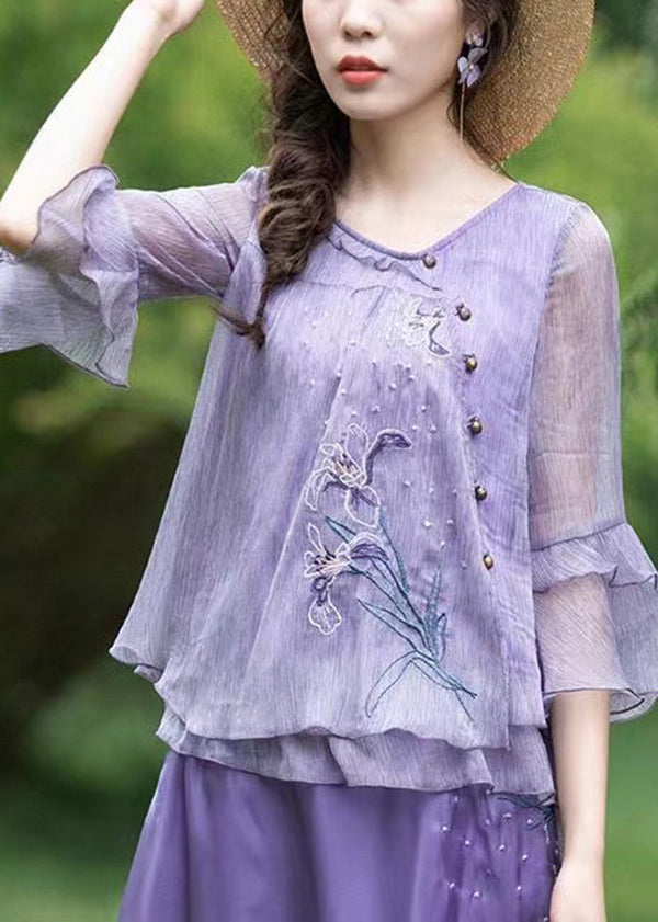 Boutique Purple Ruffled Embroidered Chiffon Blouse Tops Summer