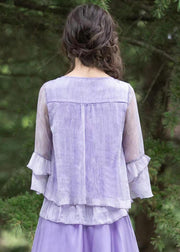 Boutique Purple Ruffled Embroidered Chiffon Blouse Tops Summer