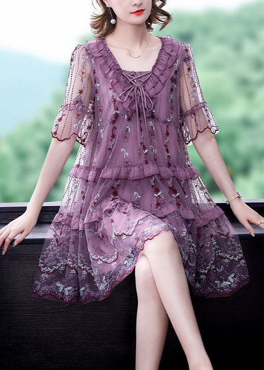 Boutique Purple Ruffles Print Hollow Out Tulle A Line Dresses Summer