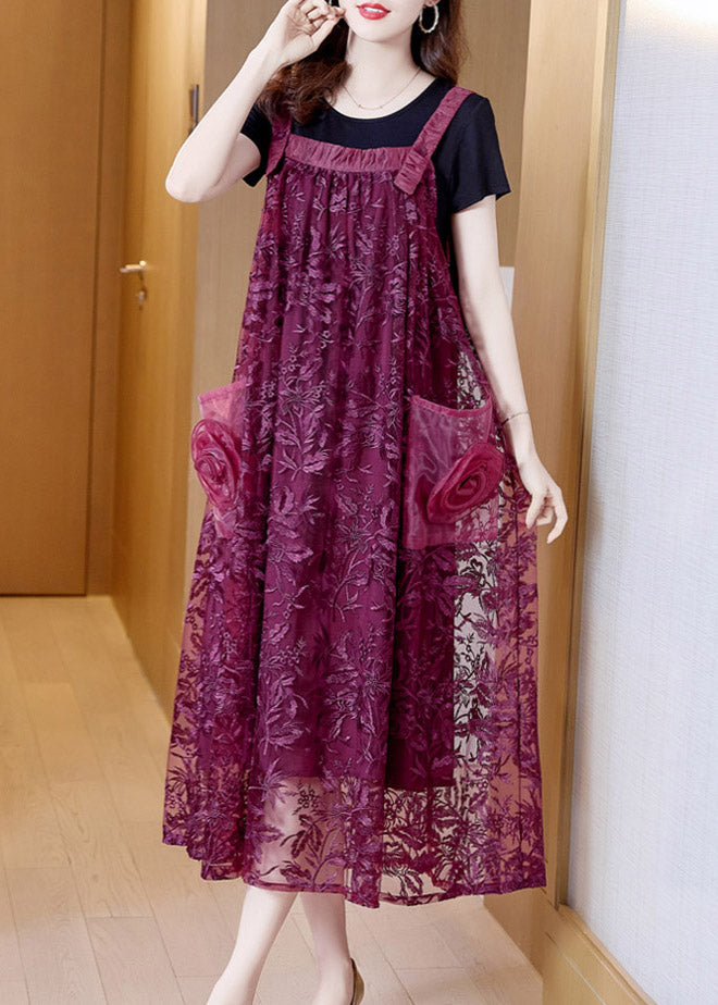 Boutique Purple Slash Neck Embroideried Tulle Slip Long Dress Summer