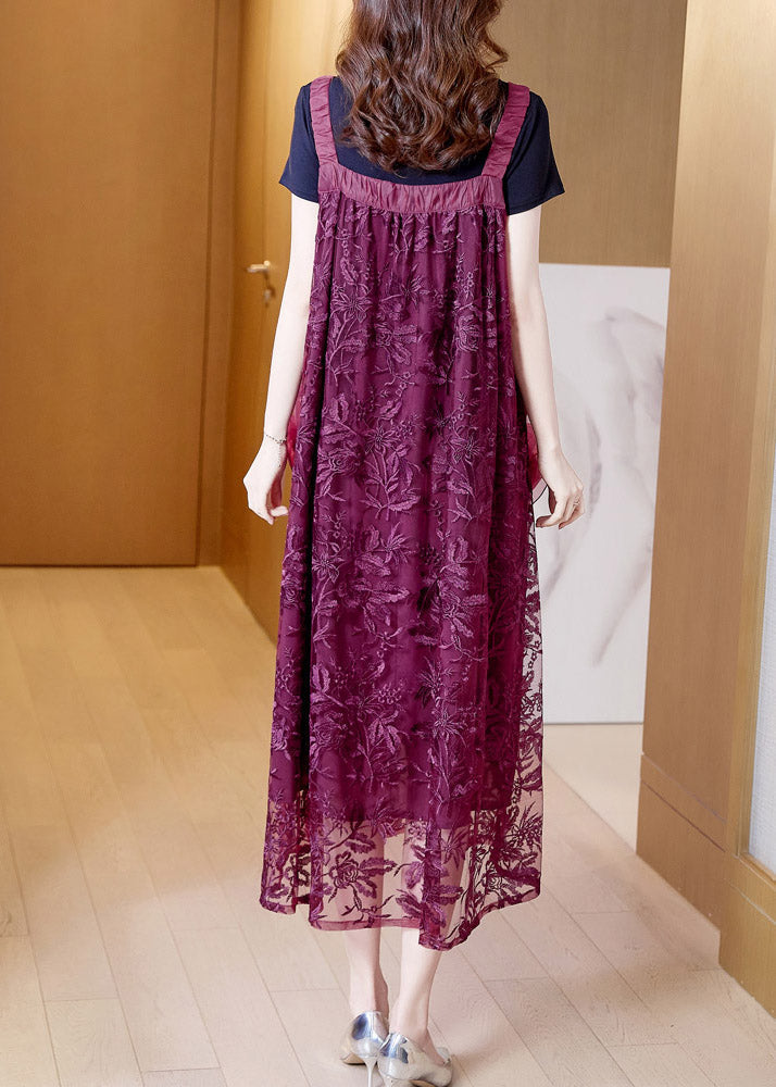 Boutique Purple Slash Neck Embroideried Tulle Slip Long Dress Summer