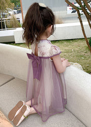 Boutique Purple Tasseled Bow Patchwork Tulle Kids Girls Dress Summer