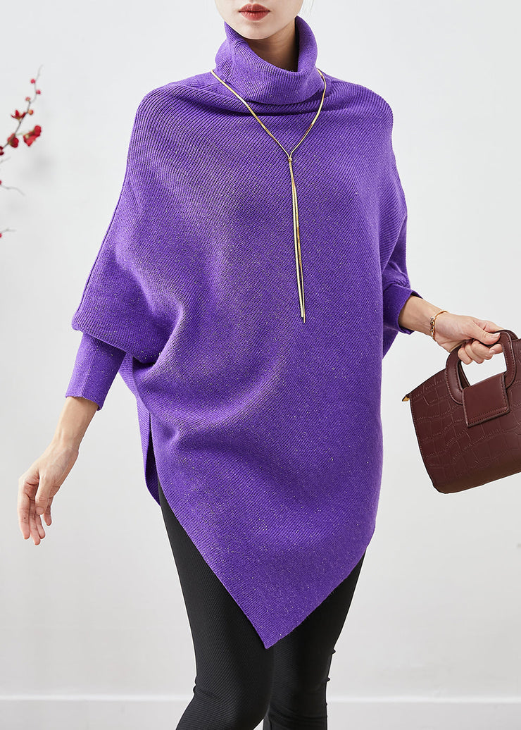 Boutique Purple Turtle Neck Asymmetrical Design Knit Sweater Winter