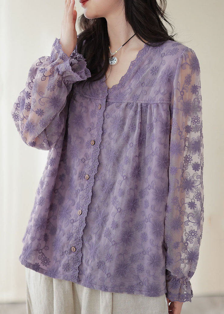 Boutique Purple V Neck Embroideried Patchwork Lace Top Long Sleeve