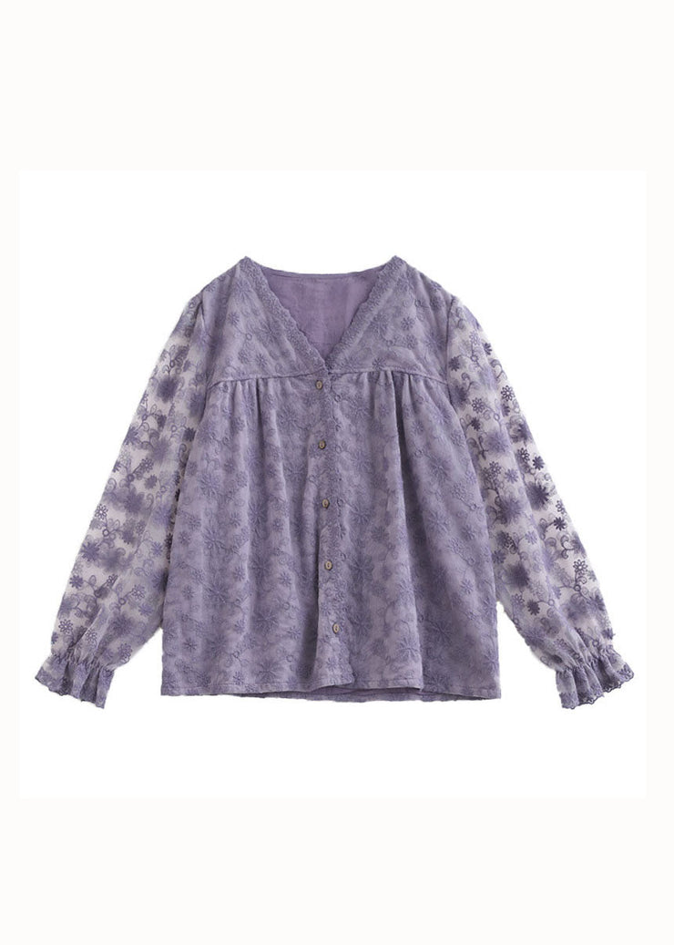 Boutique Purple V Neck Embroideried Patchwork Lace Top Long Sleeve